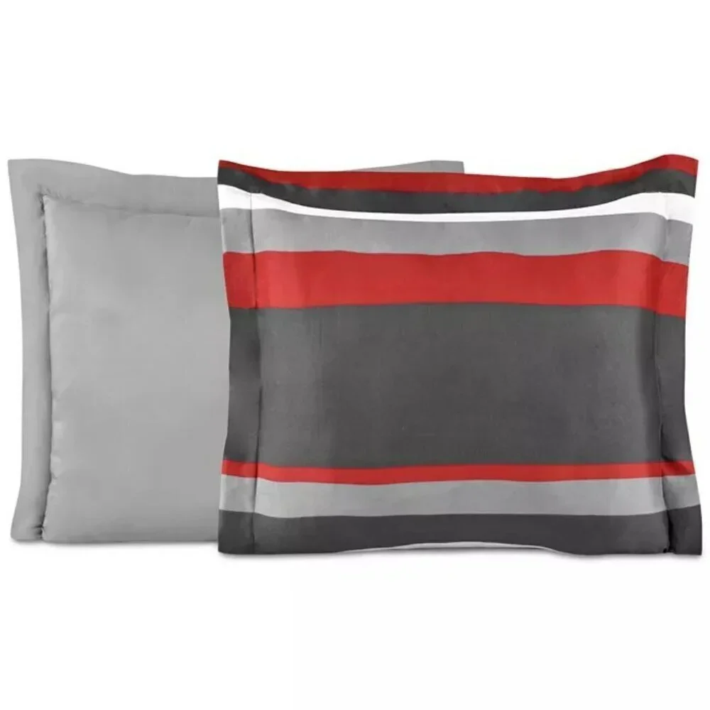 Stripe/Solid Reversible 6Pc. Comforter Set Twin Size Red/Gray/ Black